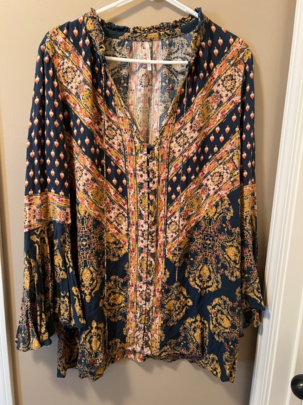 Free People Navy Paisley-Print V-Neck Tunic with Mustard and Coral Panels